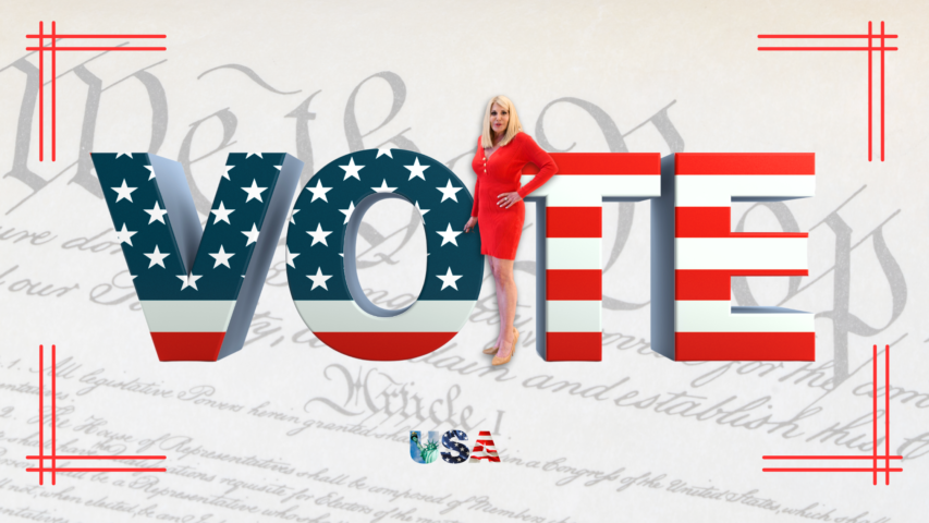 Patriotic 'Vote' graphic with stars and stripes, featuring a woman in a red dress standing beside the letter 'T', set against a background of the U.S. Constitution and red corner accents.